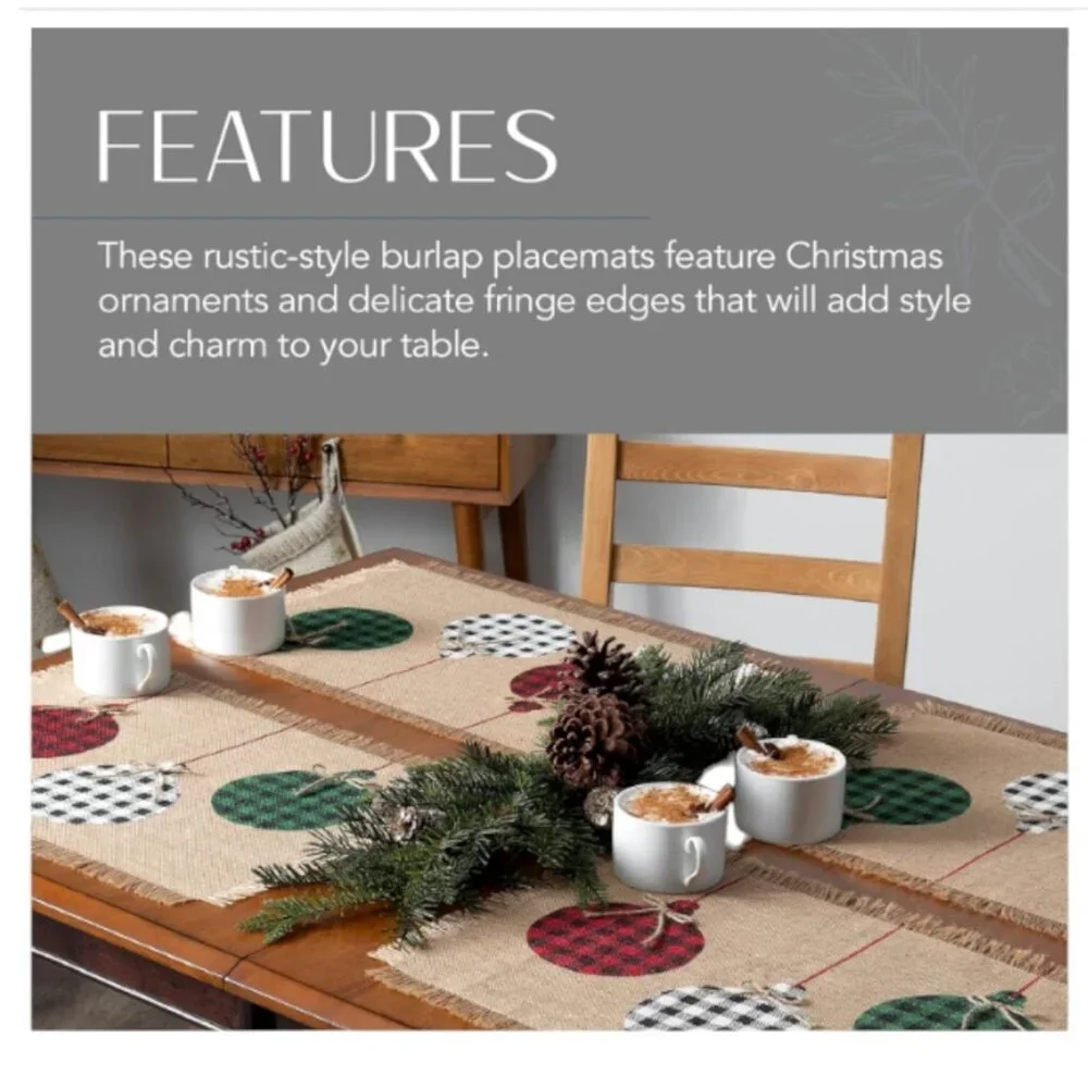 Elrene Farmhouse Holiday‎ Christmas Ornaments Jute Placemat Set of 4 Gingham NEW